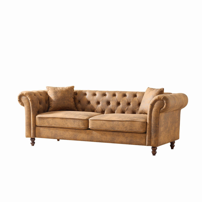 Chesterfield Sofa, High Roll Armrest Sofa, Upholstered Mid Century Modern Couch, 3 Seater Couch - Brown