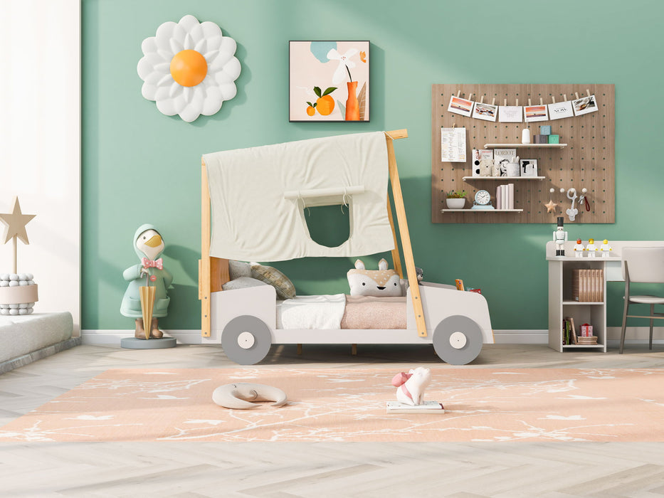 Twin Size Car Bed & Pillow, Ceiling Cloth And LED - Natural