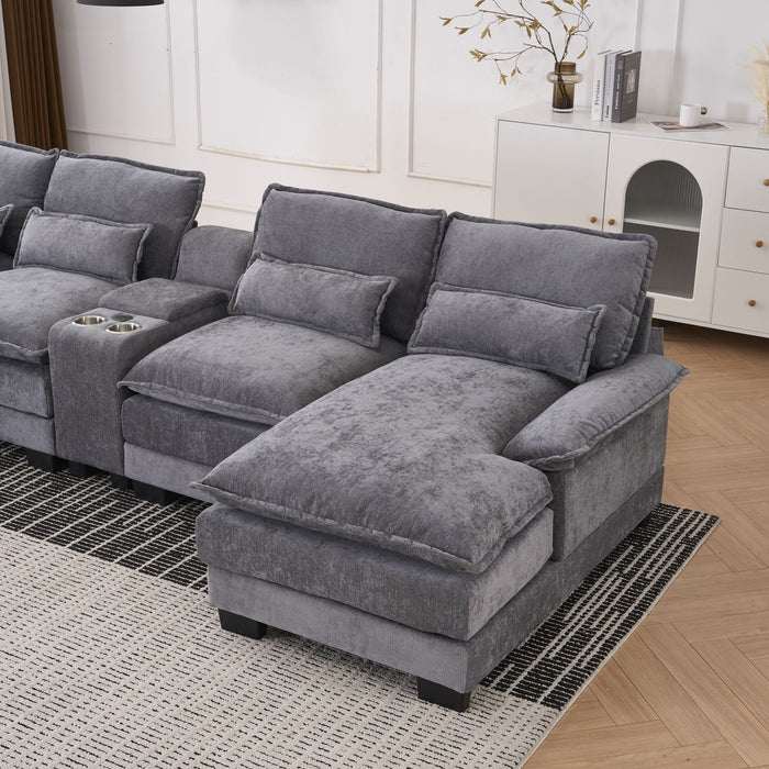 U Shaped Sofa With Console, Cupholders, USB Ports, 6 Seat, Bronzing Suede & Chenille