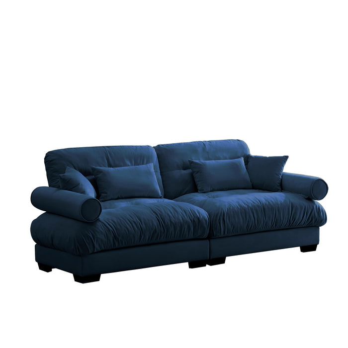 Modern Velvet Sofa With Bolstered Armrests And Pillows