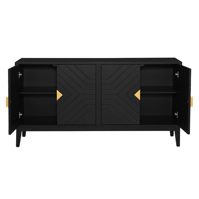 4 Door Sideboard Storage Cabinet For Living Room And Dining Room, 2 Large Cabinets With Gold Handles And Adjustable Shelf - Black