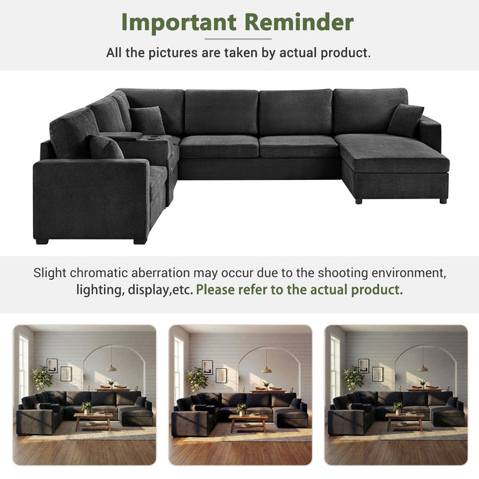Modular 5 Seat U-Shape Sectional Sofa With Chaise Lounge, Built In Cup Holders And Storage Drawer
