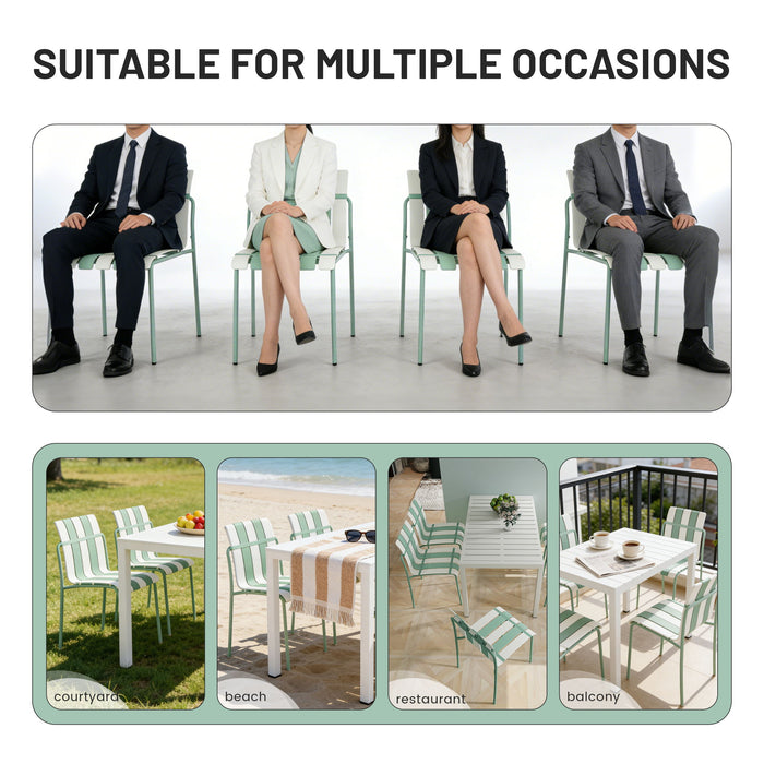 4 Piece Set Of Striped Color Blocking Single Chairs With Long Table - Cream White / Haze Green / White
