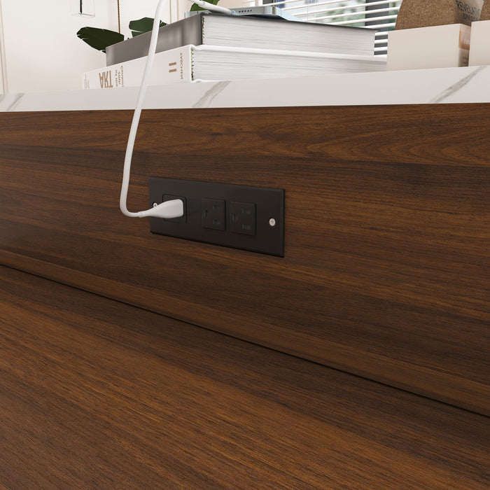 Extendable Dining Table With Power Socket, Lockable Casters, Storage Cabinet, Pull Out Kitchen Island - Natural Walnut