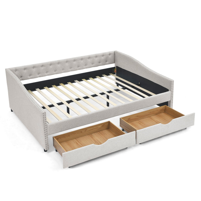 Upholstered Tufted Daybed With Drawers, Waved Arms