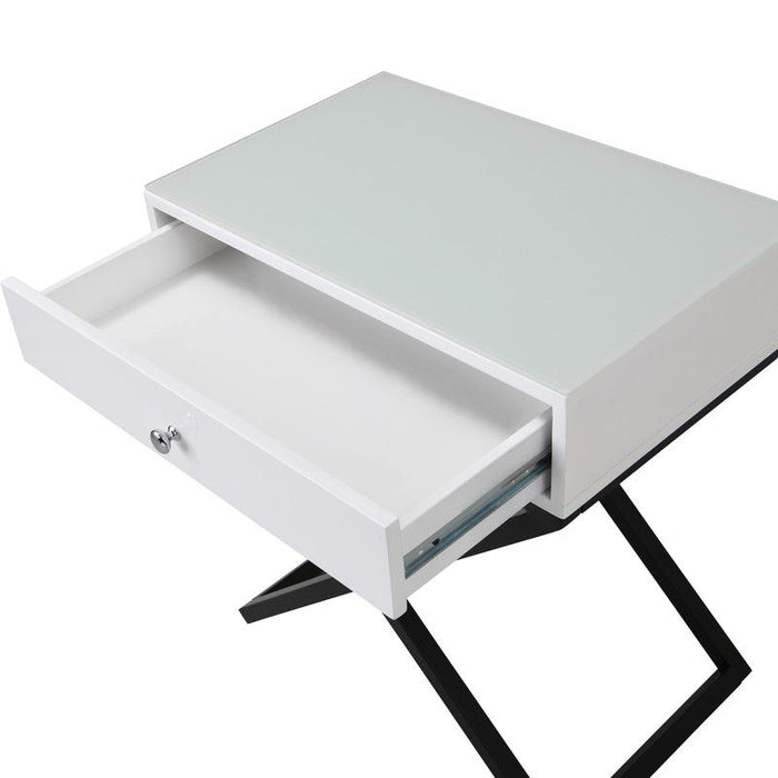 Koda - Wooden End Side Table Nightstand With Glass Top, Drawer And Metal Cross Base
