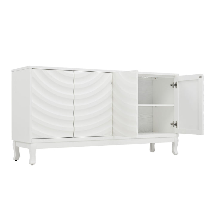 Elegant Sideboard With Sophisticated Wavy Pattern Doors And Arched Groove Design, Adjustable 4 Door Layout