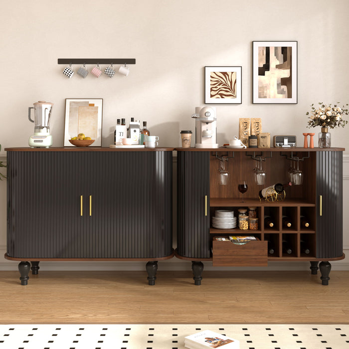 Fluted Liquor & Coffee Bar Cabinet With 6 Wine Racks And 3 Glass Holders