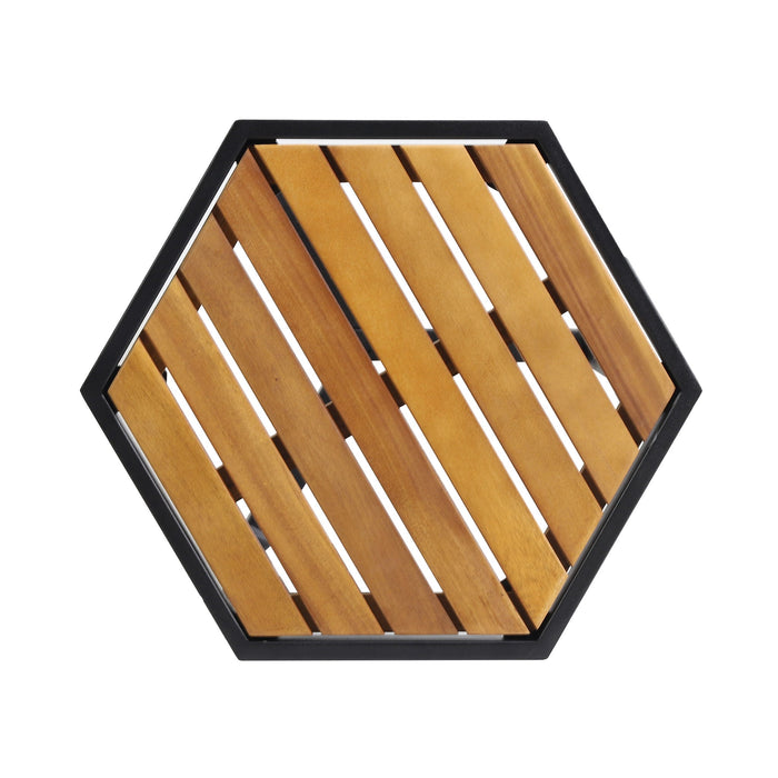 Outdoor Side Table With Iron Base And Slatted Top - Brown