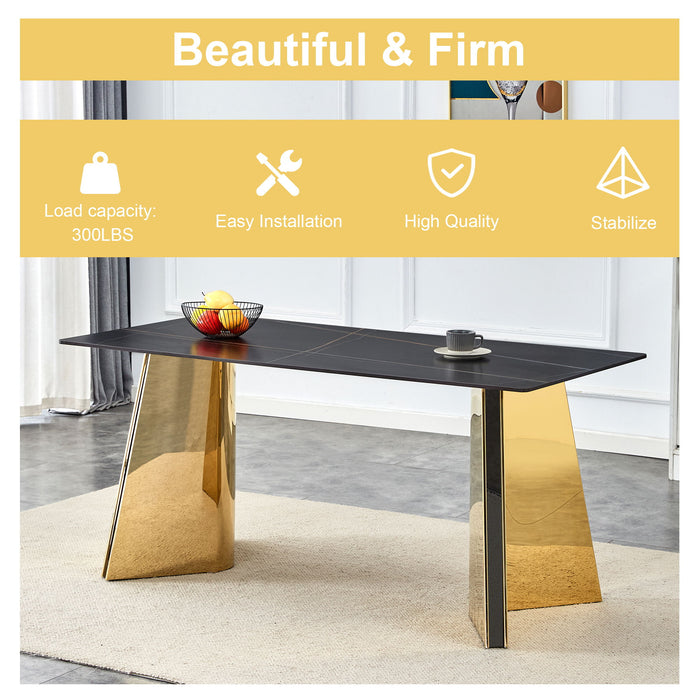Patterned Slab Dining Table With Golden Stainless Steel Butterfly Legs - Black / Gold