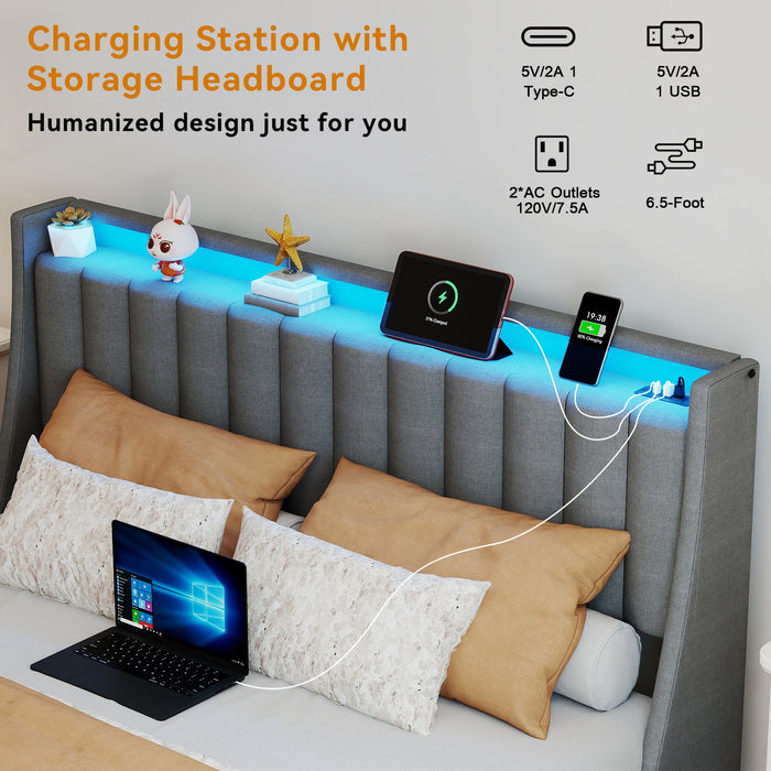 Upholstered Platform Bed Frame With RGB LED Lights, Charging Station & 2 Underbed Drawers