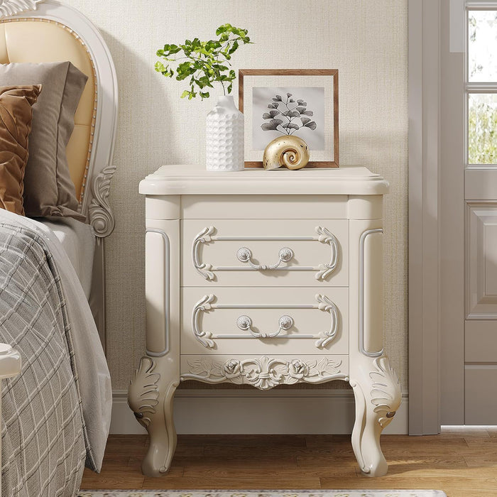 Carved Nightstand With 2 Drawers, Bedside Table - White