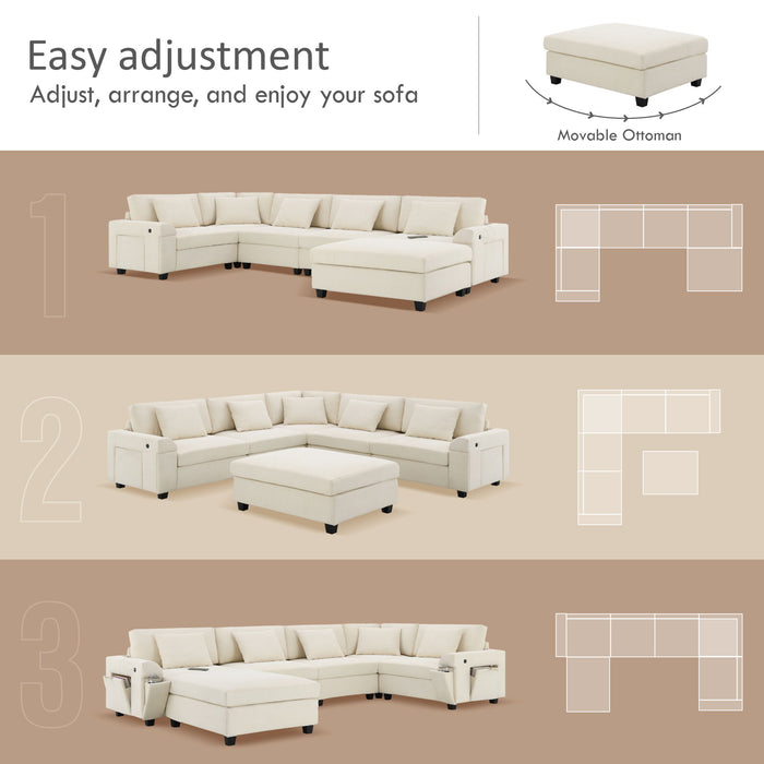 U Shaped Sectional Sofa 6 Seat Couch Set With Oversized Ottoman, Hidden Armrest Storage And Cup Holders USB Charging Ports Wide Seat Sofa