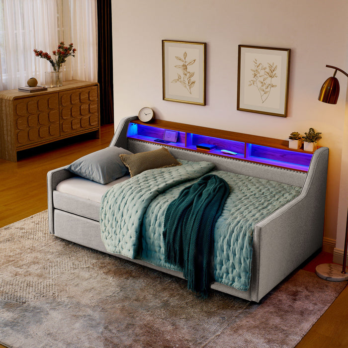 Upholstered Sofa Bed With LED Lights, Storage Headboard, Foldable Trundle & Wireless Charging