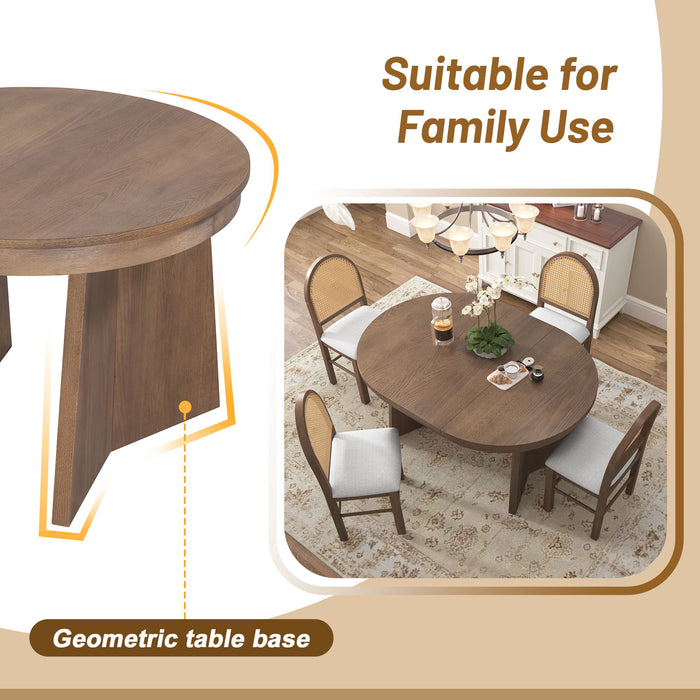 Extendable Round Dining Table Set For 4 With 4 Upholstered Chairs - Beige / Walnut