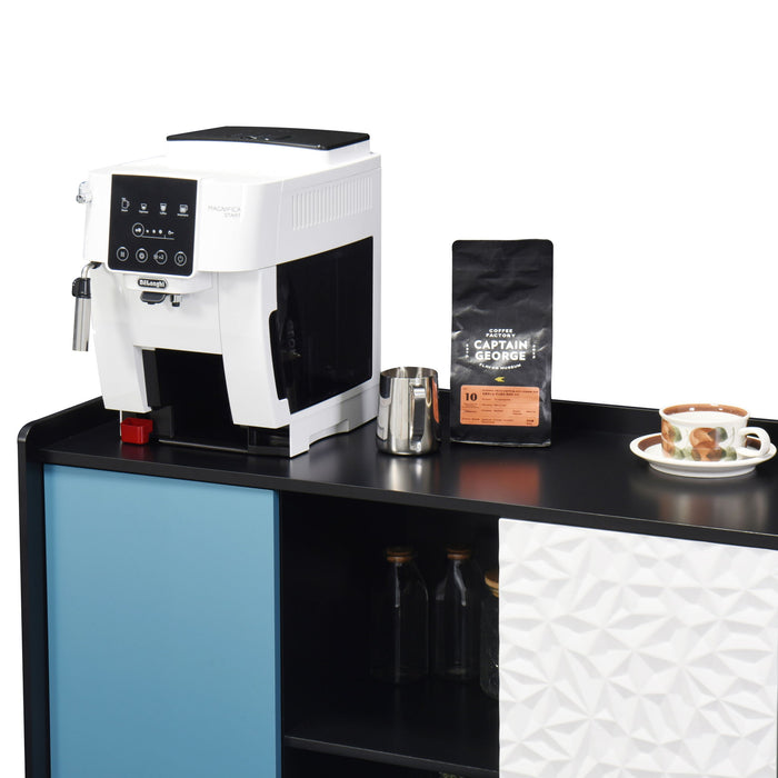 Modern Sideboard Buffet Cabinet With Red Doors And Unique Panel Styling