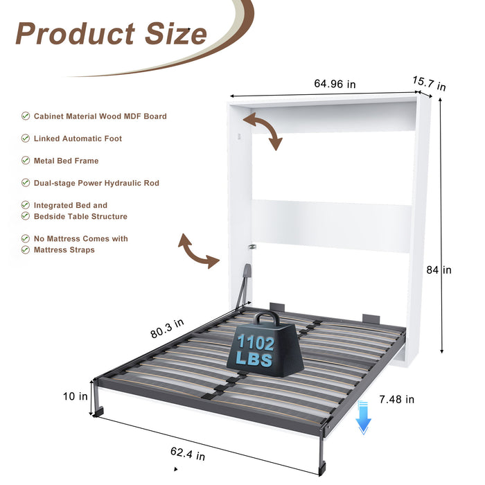 Queen Murphy Bed, Space Saving Design - White