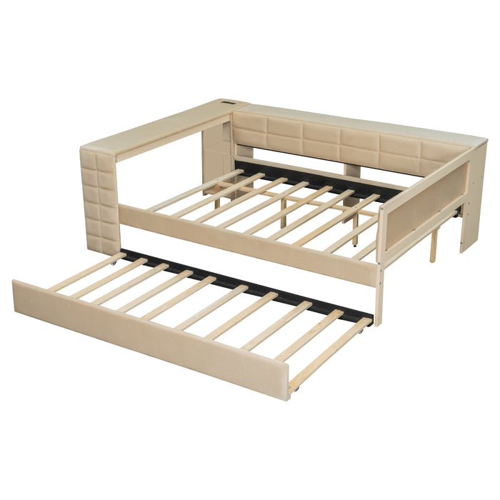 Upholstered Platform Bed With Storage Shelves, Desk, Charging Station And Trundle