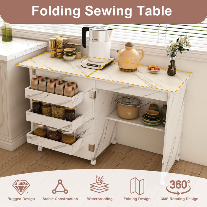 4 In 1 Folding Sewing Table With Lockable Wheels, Multi Functional Craft Station - White