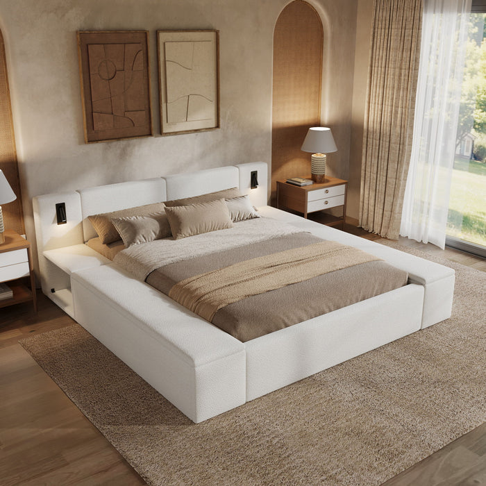 Upholstered Platform Bed Frame With Hidden Storage, Built-In Nightstands & LED Reading Lights