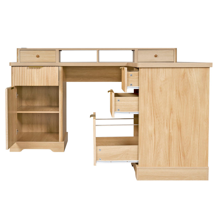 Fluted L-Shaped Desk With Charging Station & Storage Cabinet