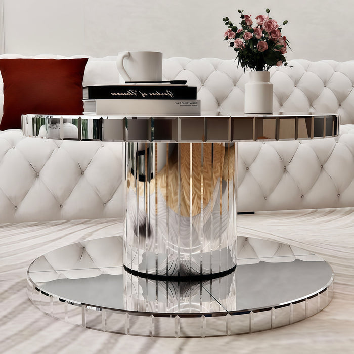 Luxury Double Tier Round Mirror Coffee & End Table With Fluted Glass Modern Sofa Side Table - Silver / Glass
