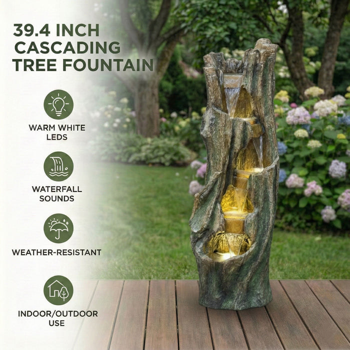 Tree Trunk Cascading Water Fountain, Outdoor LED Lighted - Gray