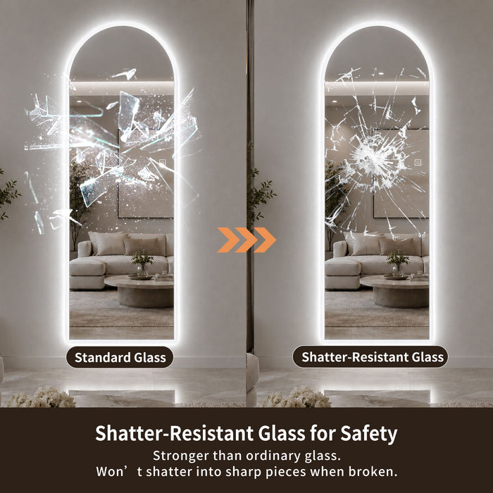 65" X 21" Arched LED Full Length Mirror, Wall Mounted Lighted Full Body Mirror With Frosted Edge Lighting, 3 Color Temperatures & Stepless Dimming - Silver