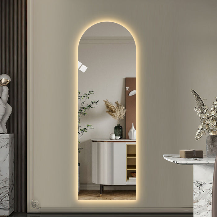 LED Full Length Wall Mirror With Symmetrical Arch Design, 3 Color Dimmable Lighting - Silver
