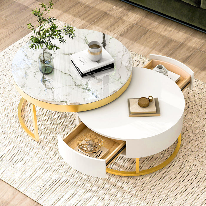 Round Nesting Coffee Table With Drawers - Golden / White