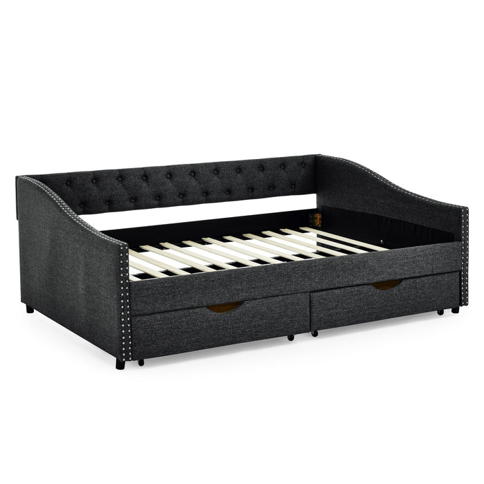 Upholstered Tufted Daybed With 2 Drawers, Waved Arms