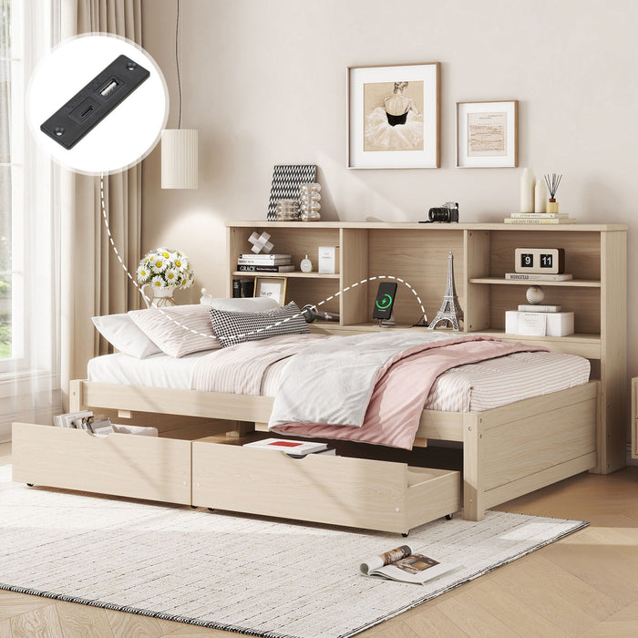 Bed Frame With Side Bookshelves, 2 Drawers, And Built In USB Port
