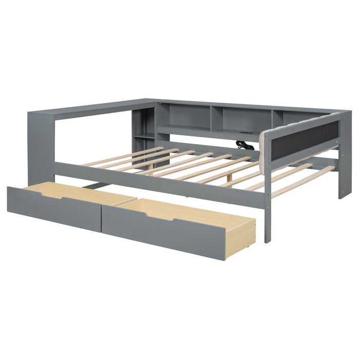 Upholstered Headboard Platform Bed With Storage Shelves, Drawers, Charging Station