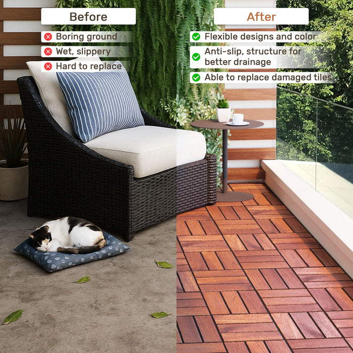 Acacia Wood Interlocking Deck Tiles Checker Pattern For Outdoor Flooring