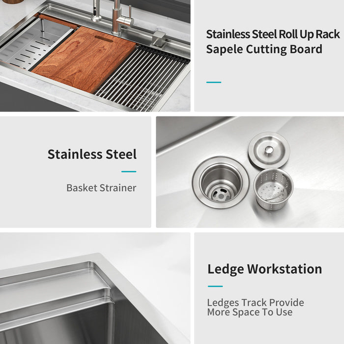 33" Drop In Kitchen Sink With Workstation, 16 Gauge Stainless Steel - Brushed Nickel