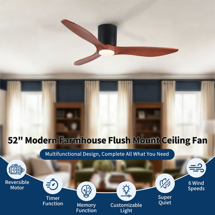 Low Profile Flush Mount Ceiling Fan With Light And Reversible Quiet Motor - Matte Black