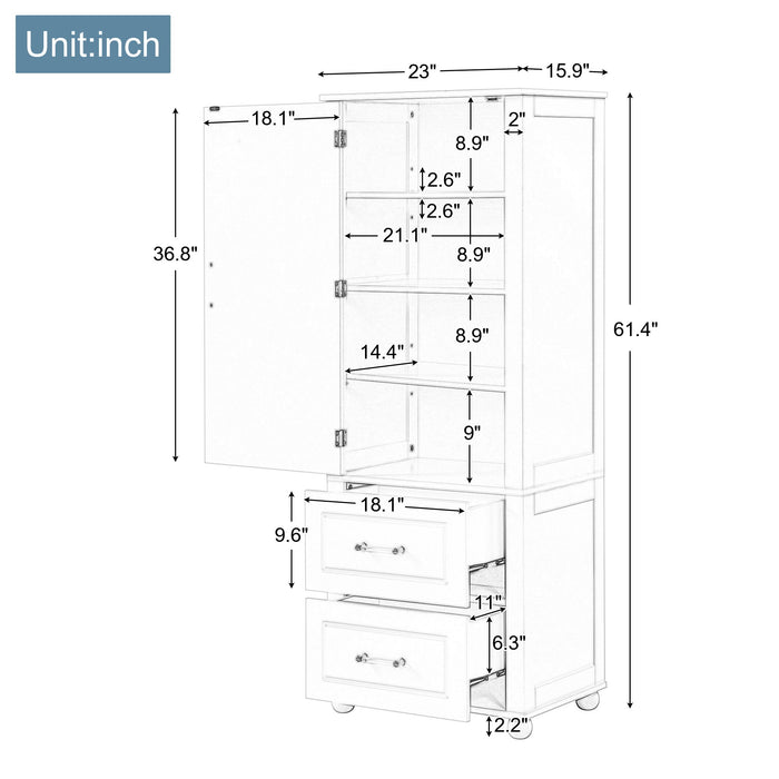 Tall Freestanding Bathroom Storage Cabinet With 2 Drawers And Adjustable Shelf