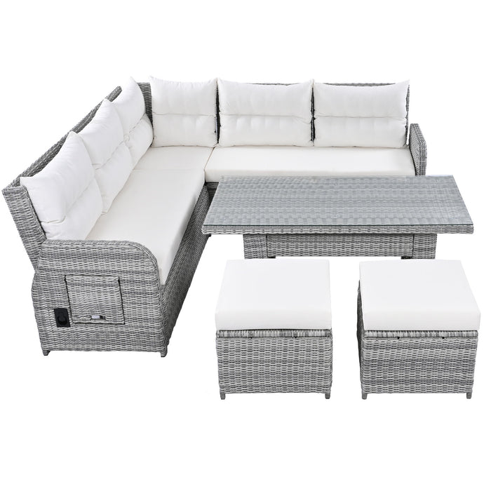 Outdoor Furniture Set Patio Rattan Furniture Set With Adjustable Table, Recliners With Extendable Side Tables And 2 Ottomans
