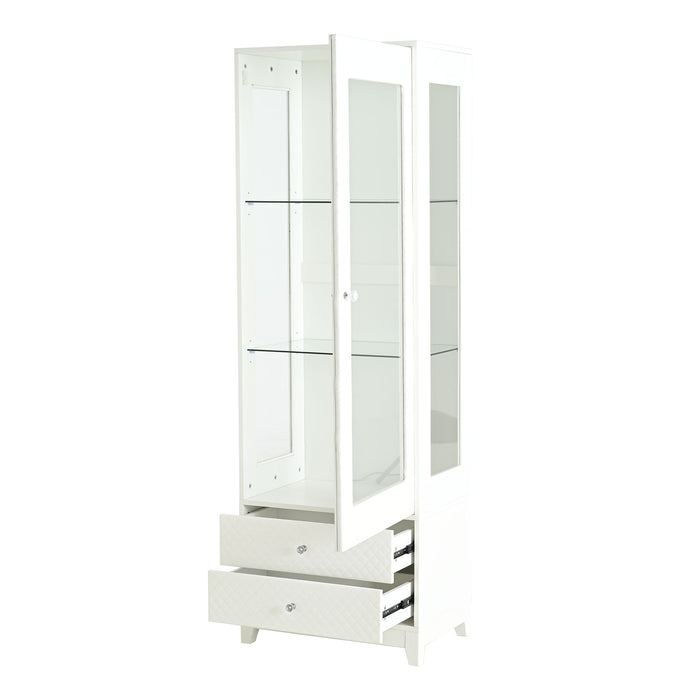 Modern Upholstered Glass Display Cabinet With Adjustable LED Light - White