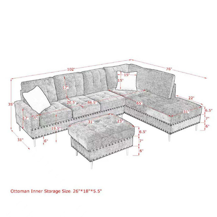 L-Shaped Sectional Sofa With Chaise And Storage Ottoman, Includes 2 Pillows