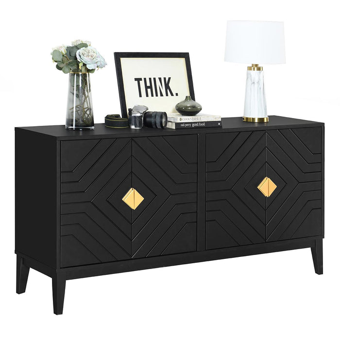 4 Door Sideboard Storage Cabinet For Living Room And Dining Room, 2 Large Cabinets With Gold Handles And Adjustable Shelf - Black