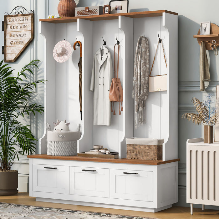 Hall Tree With Bench And Shoe Storage, 3 Large Drawers, Open Storage Shelves & Hooks