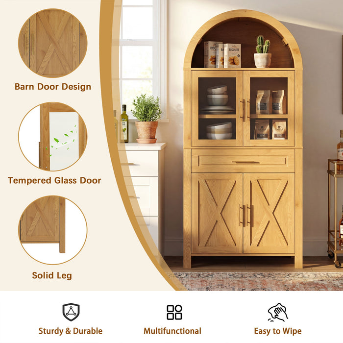 Arched Kitchen Pantry Cabinet With Adjustable Shelves And Barn Door Design