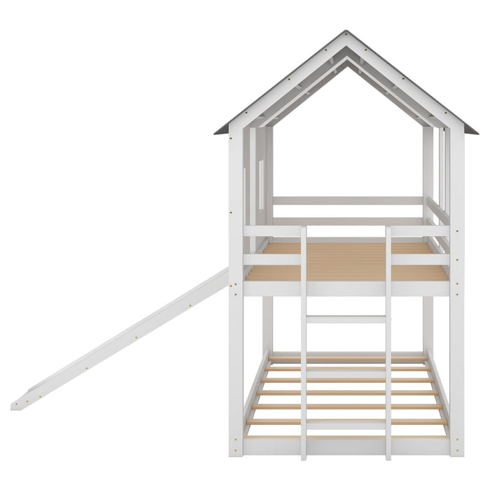 Twin Over Twin House Bunk Bed With Slide And Windows - White / Gray