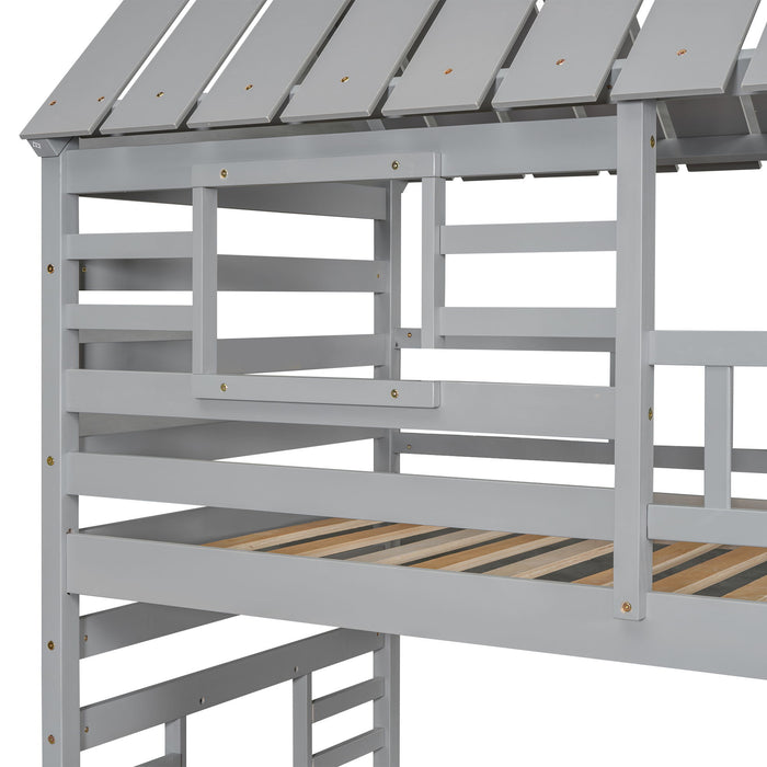 House Bunk Bed With Trundle, Storage Staircase, Roof And Window Design