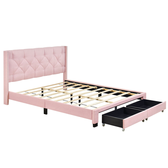 Queen Size Storage Bed Linen Upholstered Platform Bed & Two Drawers - Pink