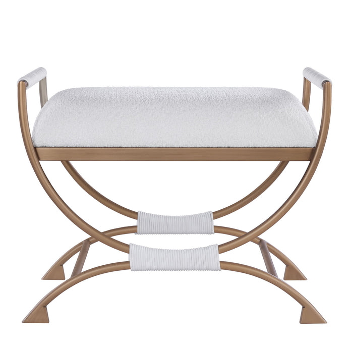 Nora - Bench With Bronze Metal Frame And Boucle Fabric Seat - White