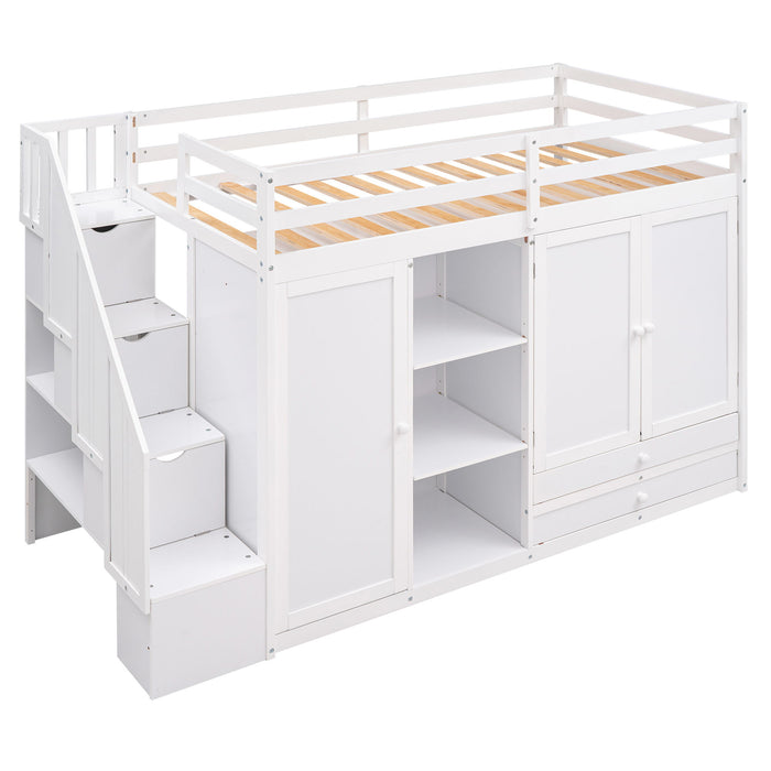 Loft Bed With 3 Shelves, 2 Wardrobes, 2 Drawers, Ladder Storage