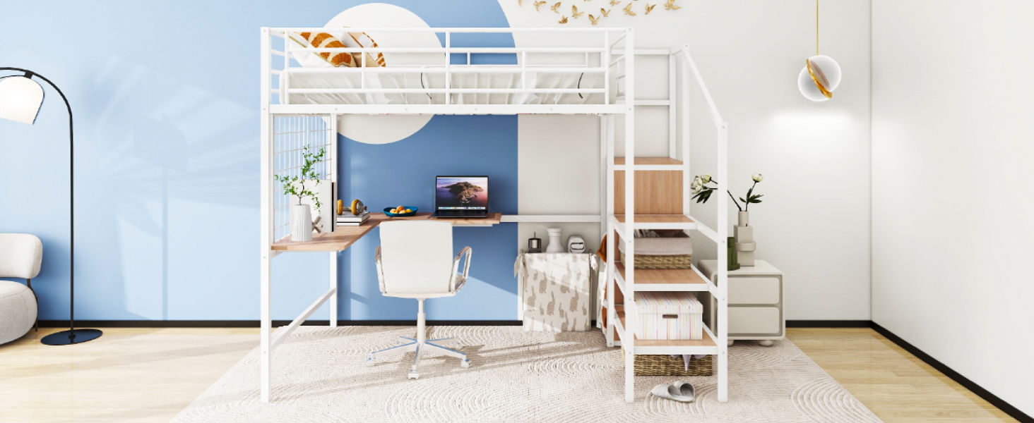 Loft Bed With Desk And Grid, Stylish Frame With Lateral Storage Ladder And Wardrobe
