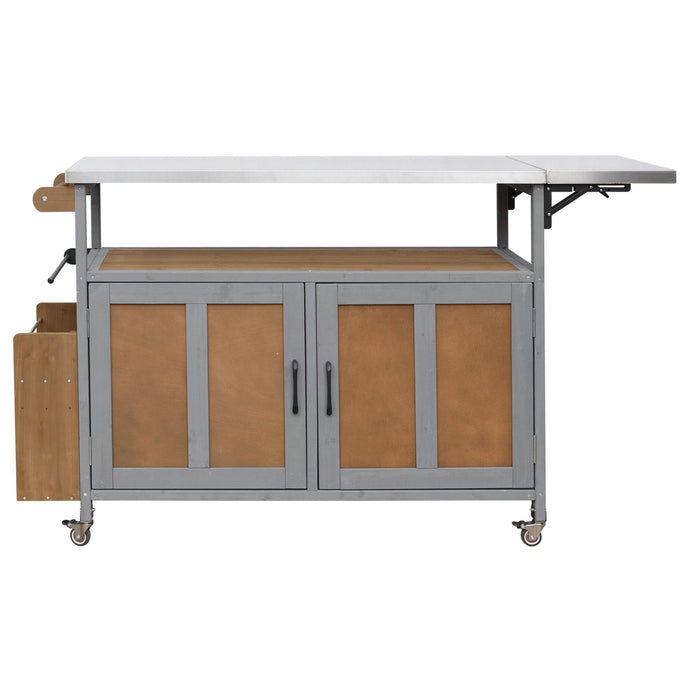 Foldable Outdoor Kitchen Island With Lockable Wheels, Storage Cabinet And Towel Rack For Patio